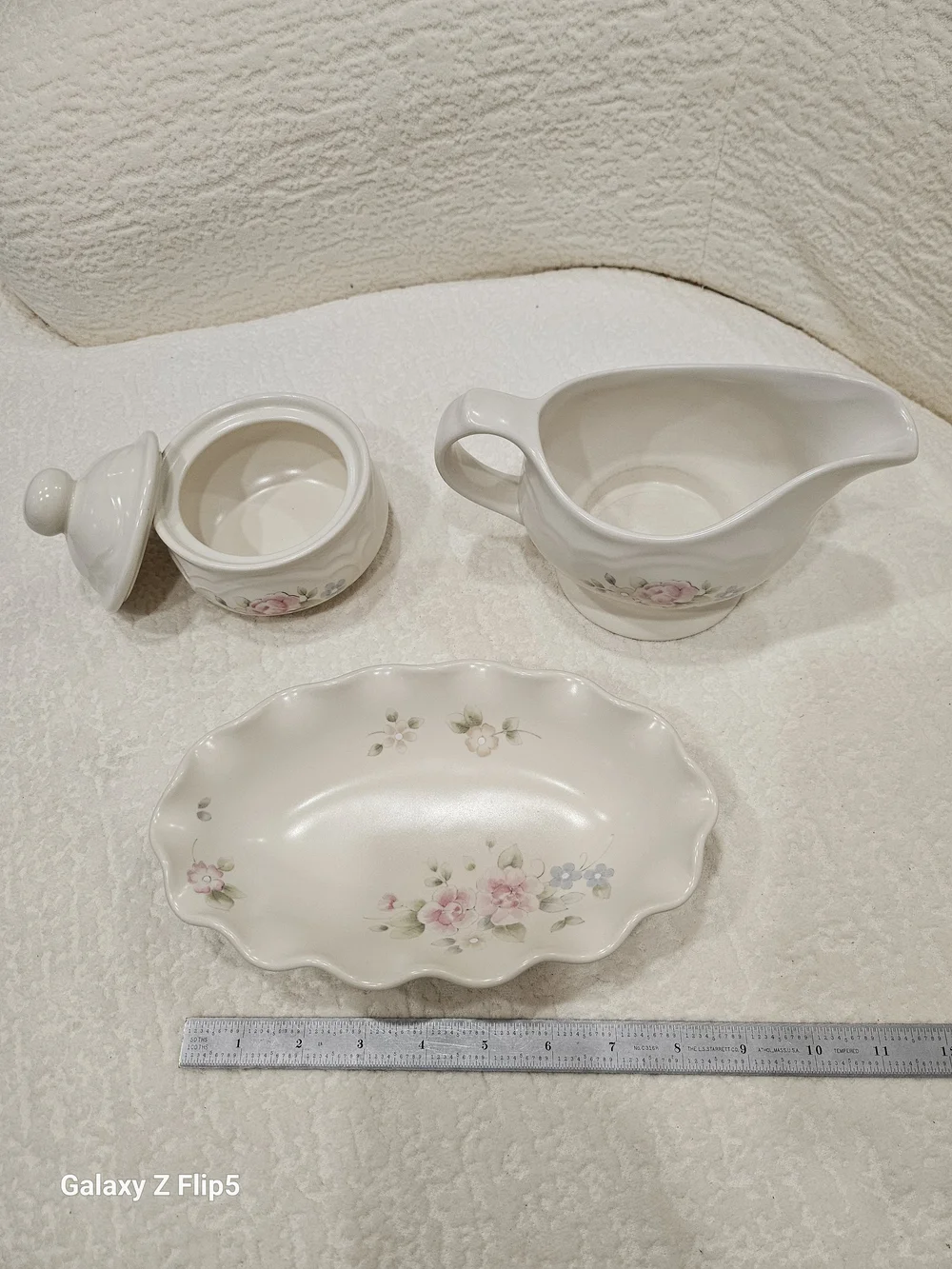White Floral Ceramic Gravy Boat, Sugar Bowl & Serving Dish Set